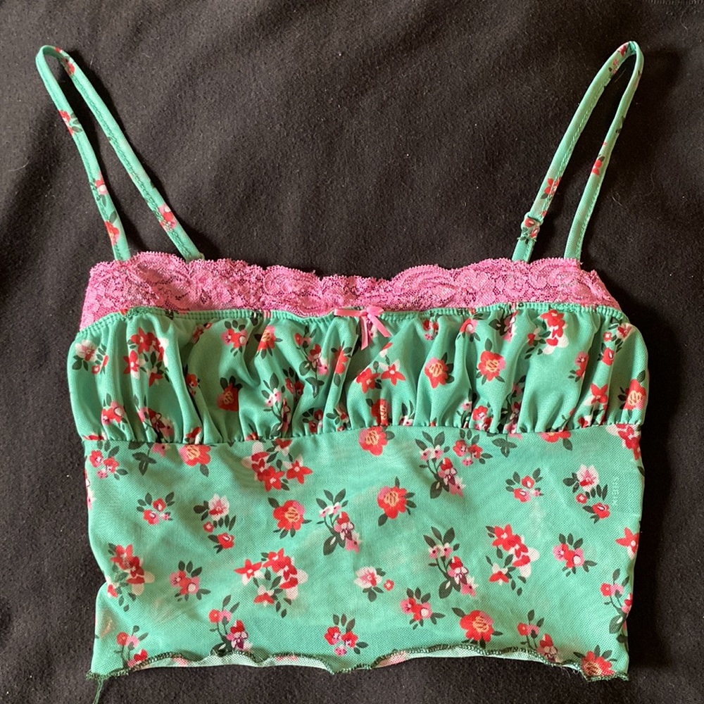 SHEIN Tiny Top- Green/Pink Mesh & Lace Cropped Tank